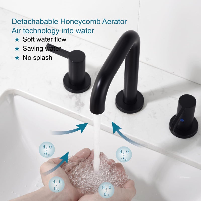 RKF Bathroom Faucets for Sink 3 Hole Black 8 Inch Widespread Bathroom Sink Faucet with Drain Bouble Lever Handle Faucet Vanity CWF028-MB - Image 2